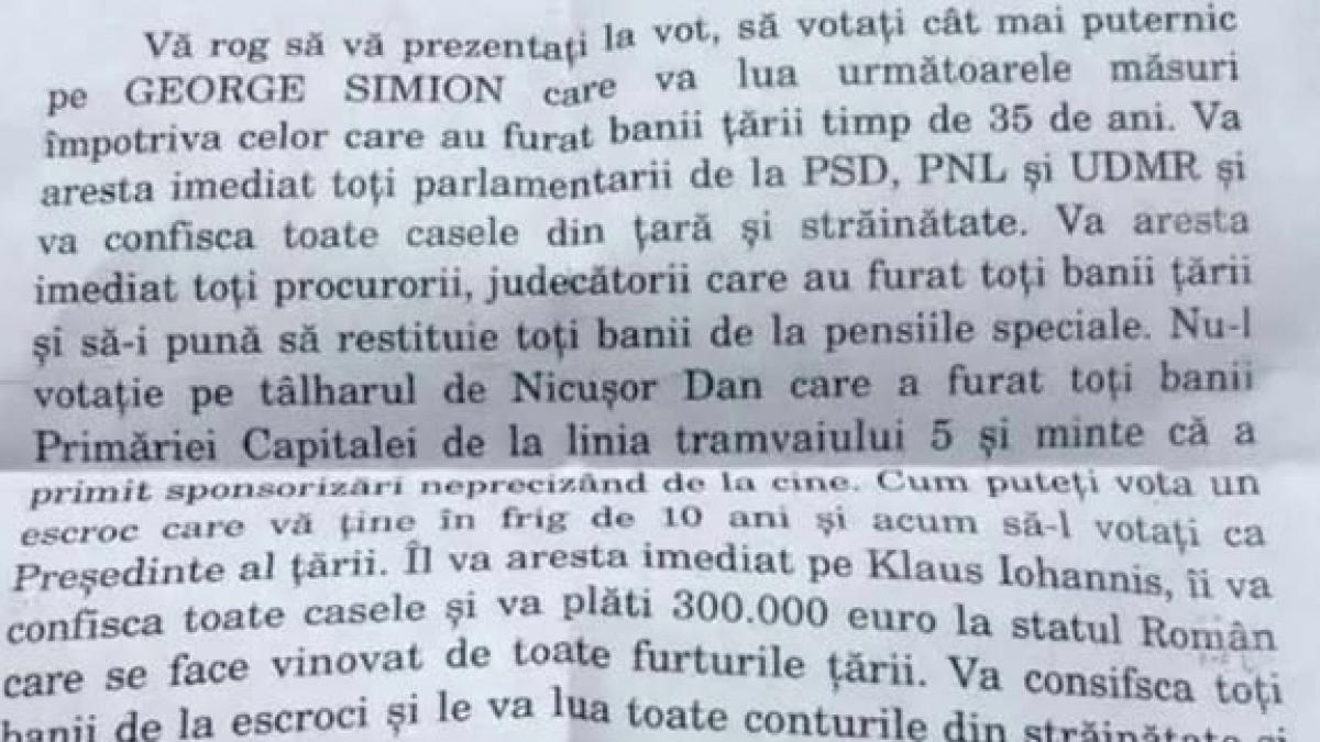 In Sibiu scrisori cer vot pentru Simion amenintari cu arestari
